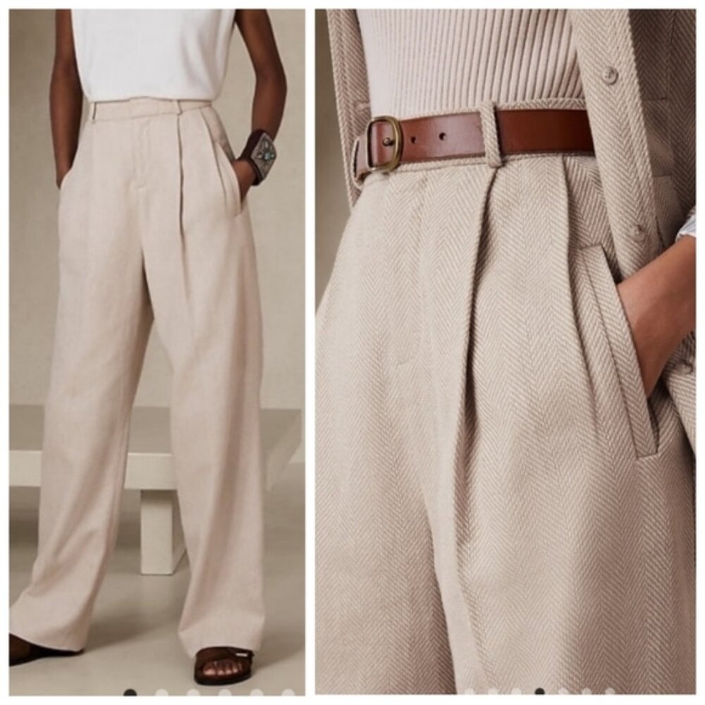 NWT Banana Republic Cream Herringbone Norfolk Wide Leg Linen-Cotton Pant Size 8